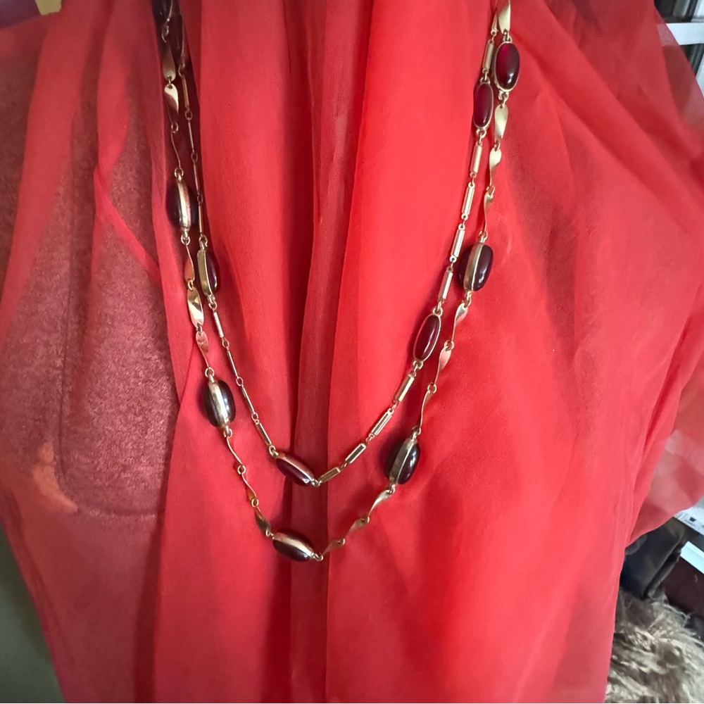 Coldwater Creek gold necklace with red glass accents
